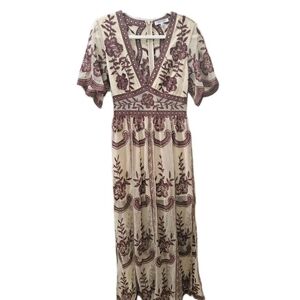Cloud Ten Boho Embroidered Lace Maxi Dress - Size S - Cream & Burgundy Floral